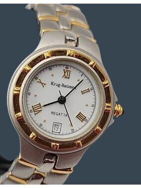Vtg Krug-Baümen Regatta Ladies Watch Two-Tone 18k Gold Plated Date Quartz 6.5"